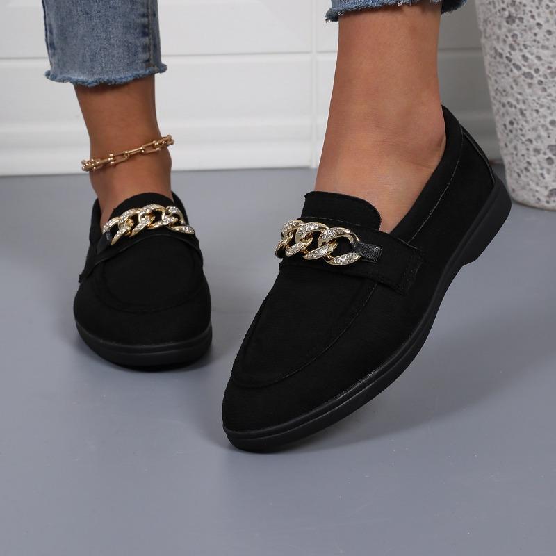 Women's Flat Shoes Spring New Round Head Deep Mouth Suede Metal Chain Soft Sole Anti-slip Wear-resistant Single Shoes