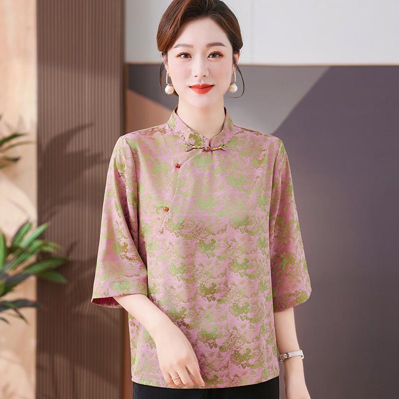 

Elegant Stand Collar Silk Top - Chinese Style, for Middle-Aged & Elderly Women: Loose-Fit, Pure Mulberry Silk Summer T-Shirt 3XL (120-135 jin recommended) розовый