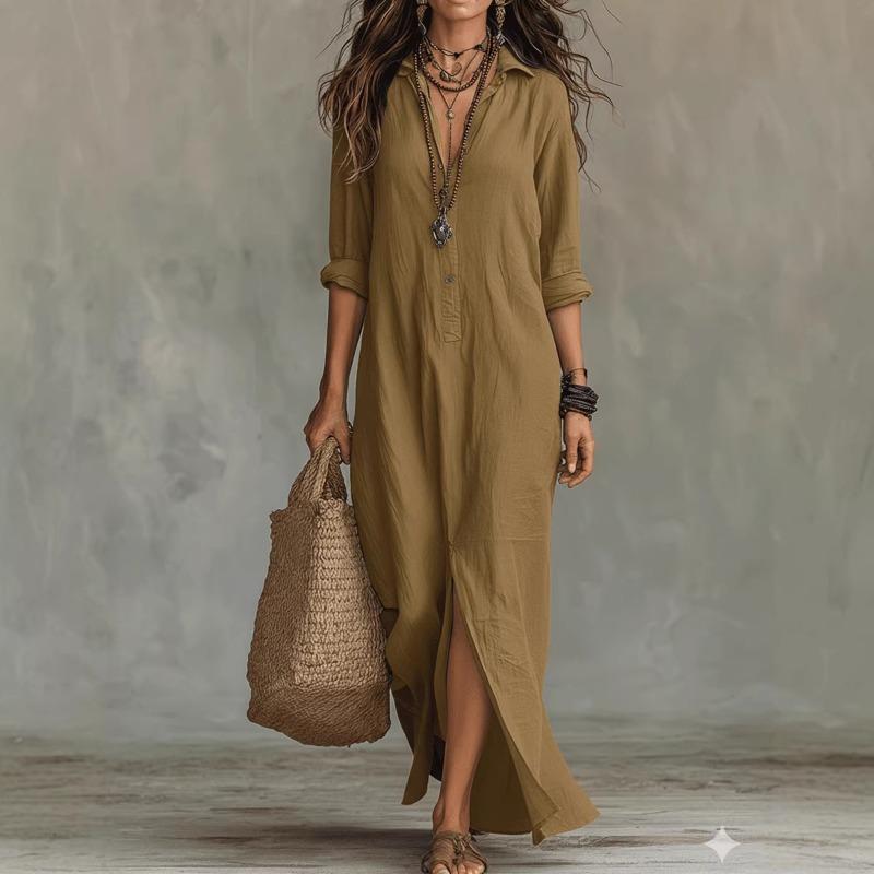 2026 Vestito da Donna Casual Ampio Elegante Boho Monocolore Semplice Spacco Laterale Manica Lunga Vestito da Festa Vestito Camicia Aderente Abiti da Ufficio per Donna