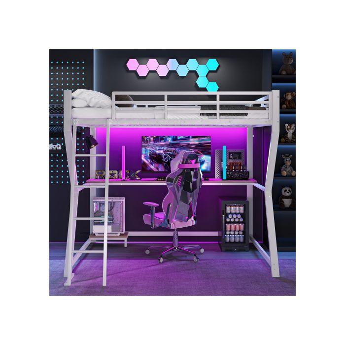 Lit Mezzanine, 90*200 Cm, Éclairage D'ambiance À Distance, Mains Courantes, Escalier, Sans Matelas, Blanc