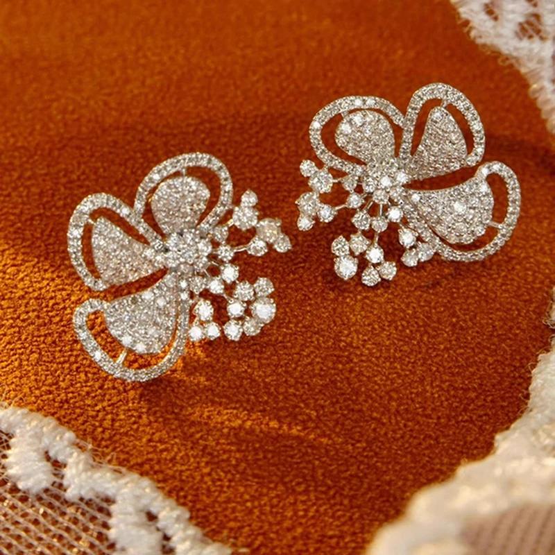 Beautiful Flower Stud Earrings Dazzling Cubic Zircon Gentle Wedding Jewelry for Lady Graceful Accessories for Engagement