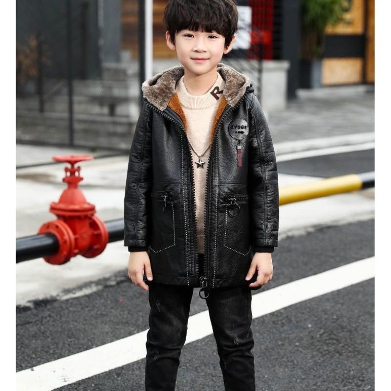 Lässige Jungen-Lederjacke mit Fleecefutter für Herbst/Winter – Mittellange, verdickte Kinderjacke