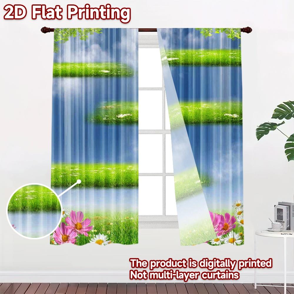 2D flat printing 2pcs Curtain Curtain Spring Floating Grass Layers Digital Printed Polyester Drapes Festive Wall Decor for