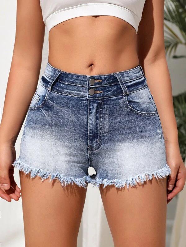 

High-Waisted Ripped Denim Shorts - Trendy Washed Streetwear Hot Pants for Europe & America L темно-синий