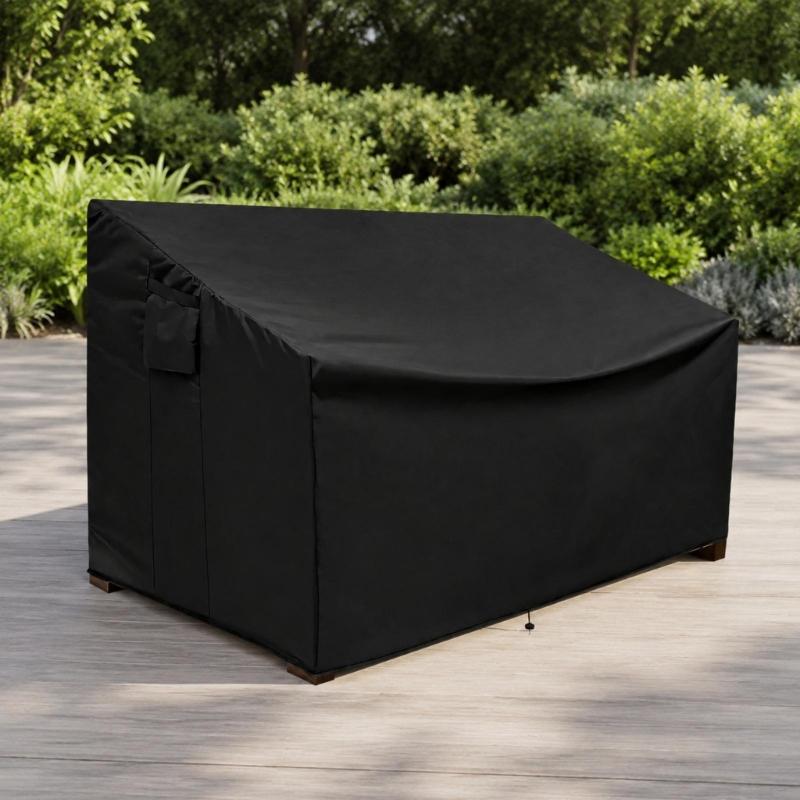 600D Fabric Patio Loveseat Cover with Rain and Debris Barrier, Bottom Cord Closure, 2 Side Fasteners, and Storage Pocket