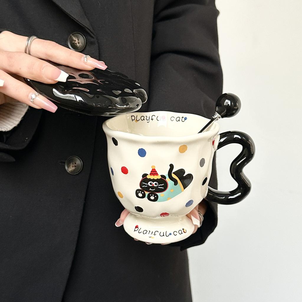 Cute Polka Dot Puppy Creative Cartoon Water Cup Ceramic Mug with Lid Spoon High Looking Birthday Gift for Girls