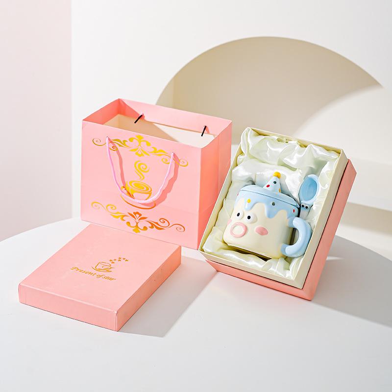 Hand Drawn Cartoon Mug with Lid Spoon Couple Drinking Water Cup Funny Expression Gift Cup Household Milk Breakfast Cup