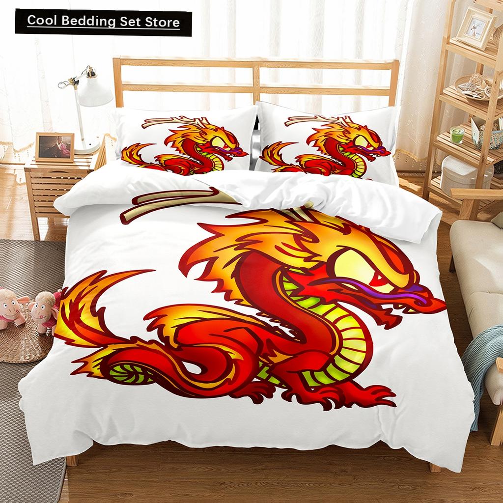 Funda Nórdica de Dibujos Animados Rey Dragón Reina Niños Niños Juego de Cama Animal Encantadora Criatura Mágica Funda de Edredón Poliéster Funda de Edredón