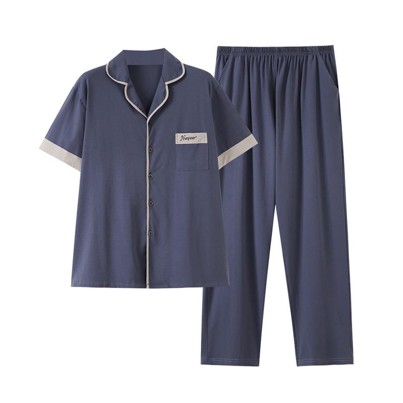 Pure cotton pajamas men's summer lapel short-sleeved trousers 1011 new thin suit men's summer casual loungewear