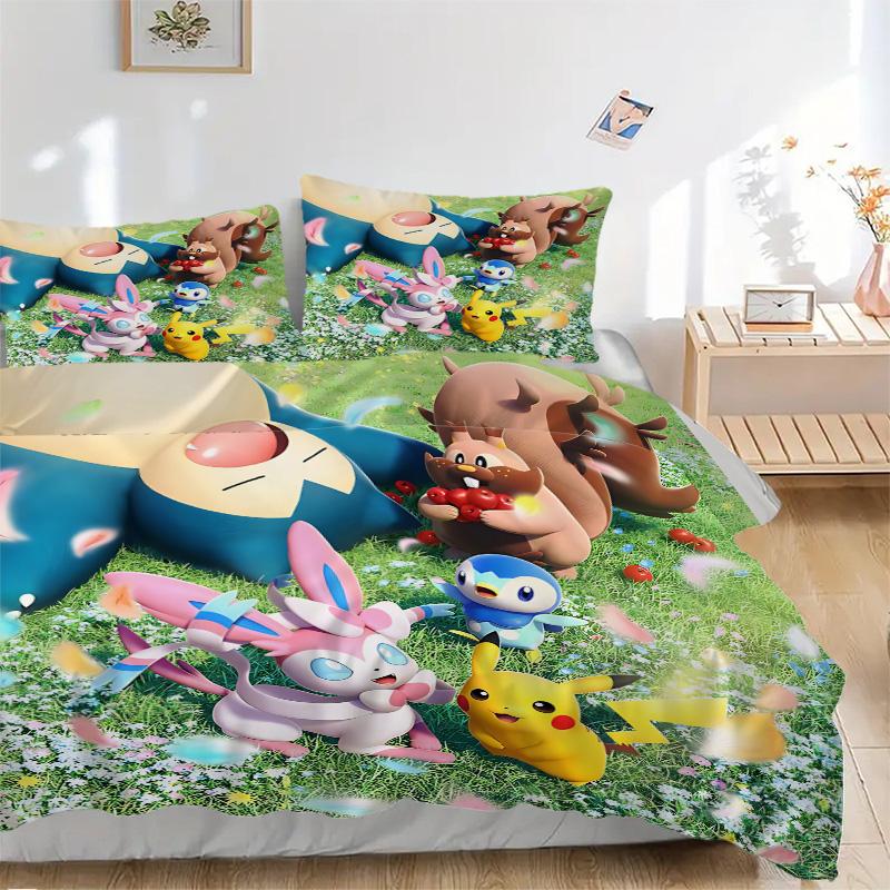 Meadow Pokmon Friends Print 3Pcs Bedding Set,Duvet Cover with 2 Bedro,Pillowcase Home Birthday Gift