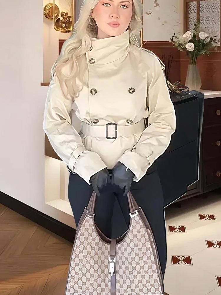 2025 Autumn Stand-Up Collar Tie-Waist Apricot Short Trench Coat: Elegant & Loose Fit