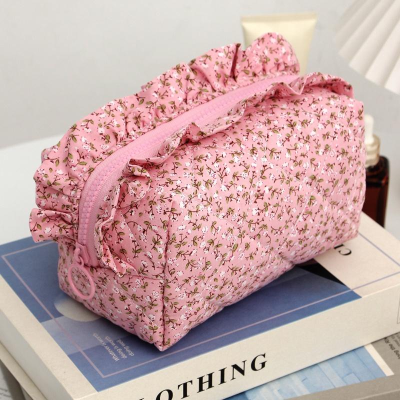 Makeup Organizer Bag Large Capacity Ruffled Edge Bow Floral Print Pen Storage for School Travel Work