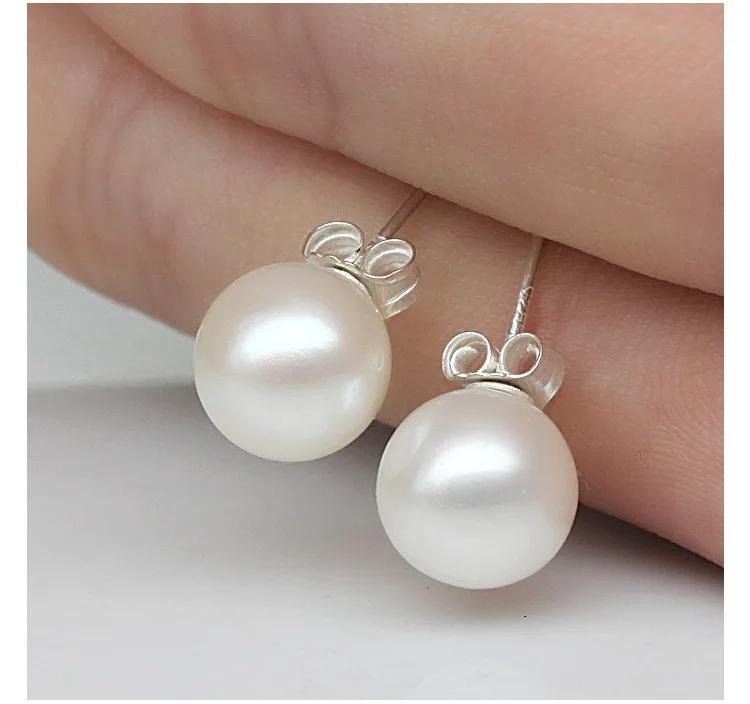925 Sterling Silver Jewelry Natural Round Pearl Earrings Jewelry For Women 6-8-10mm Freshwater Simple Pearl earring Friend Gift