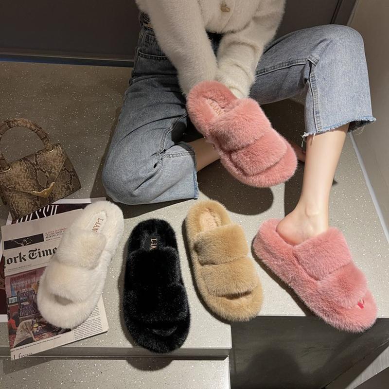Mode Koreanische Doppelband Pelzpantoletten Damen warm flauschige Plateauschuhe dicksohlige Winterfleece Hausschuhe Damen Shearling Pantufa