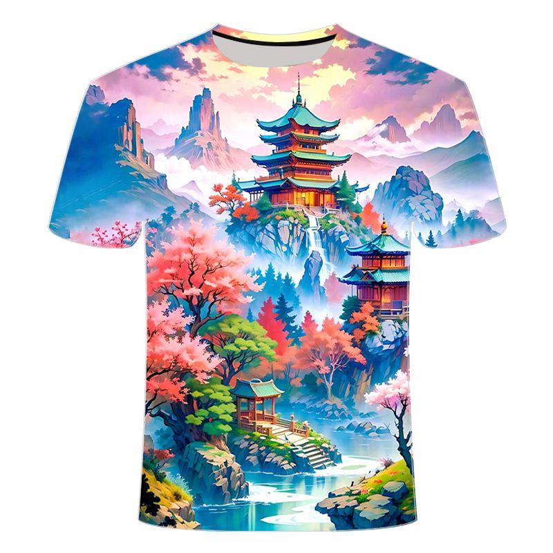 2024 Summer New 3D Printed Short Sleeve Antique Architectural Beauty Series Men's Crewneck T-shirt