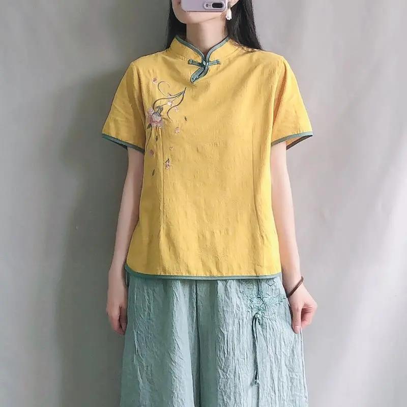Giacca da tè estiva da donna a maniche corte con colletto alla coreana, camicia con bottoni