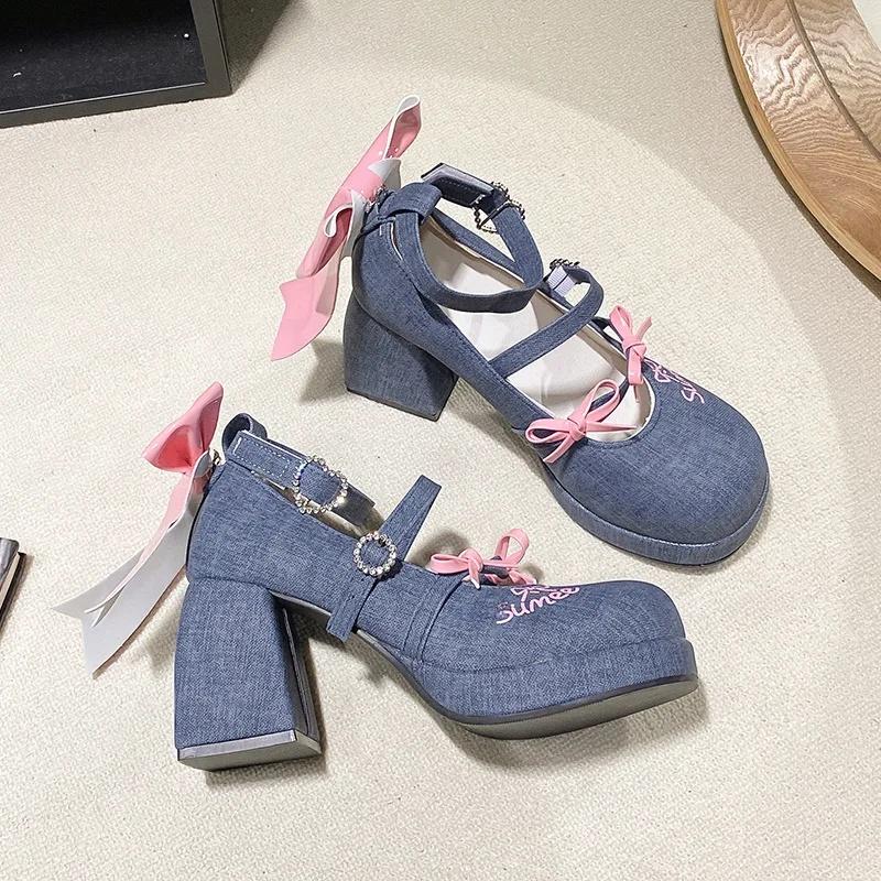 

Милые Сладкие Туфли-лодочки на Высоком Каблуке в Японском Стиле Водонепроницаемые с Бантом-бабочкой Обувь Лолиты Полиуретановая Подкладка Резиновая Подошва 35 синий