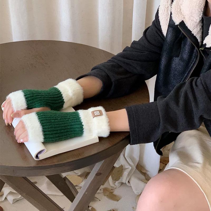 1Pair Fingerless Gloves Solid Color Plush Warm Knitted Soft Half-Finger Flexible Cold-proof