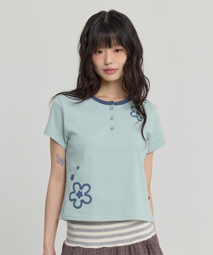 WAIKEI Flower Henley Neck Short Sleeve T-Shirt Mint