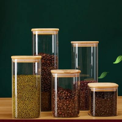 Bambu Kapaklı Kare Cam Saklama Kavanozları Kahve Çekirdekleri Tahıllar Erişte Gıda Saklama Kapları Mutfak Düzenleyicileri Saklama