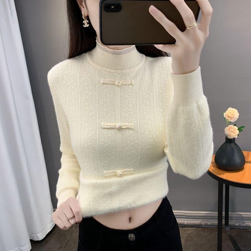 Women's Velvet Thickened Sweater Winter Warm Fashionable Chinese Style Lace Knitted Bottoming Shirt