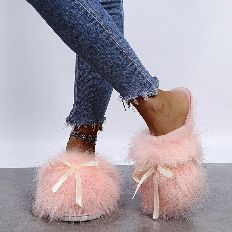 Sweet Bowknot Mix Color Faux Fur Slides Women 2025 Autumn Warm Short Plush Outdoor Slippers Soft Sole Cotton Mules Slippers