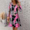 Women’s Boho V-Neck Long Sleeve Mini Dress – Flowy Tiered Dress with Geometric Print, Casual Everyday Sundress for Summer Wear