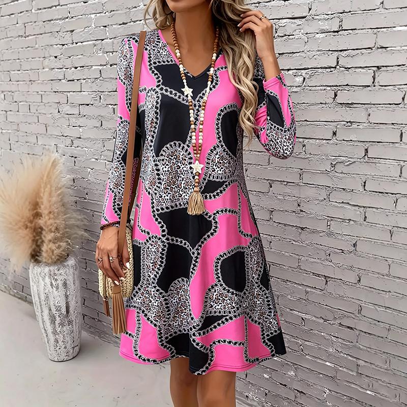 Women’s Boho V-Neck Long Sleeve Mini Dress – Flowy Tiered Dress with Geometric Print, Casual Everyday Sundress for Summer Wear