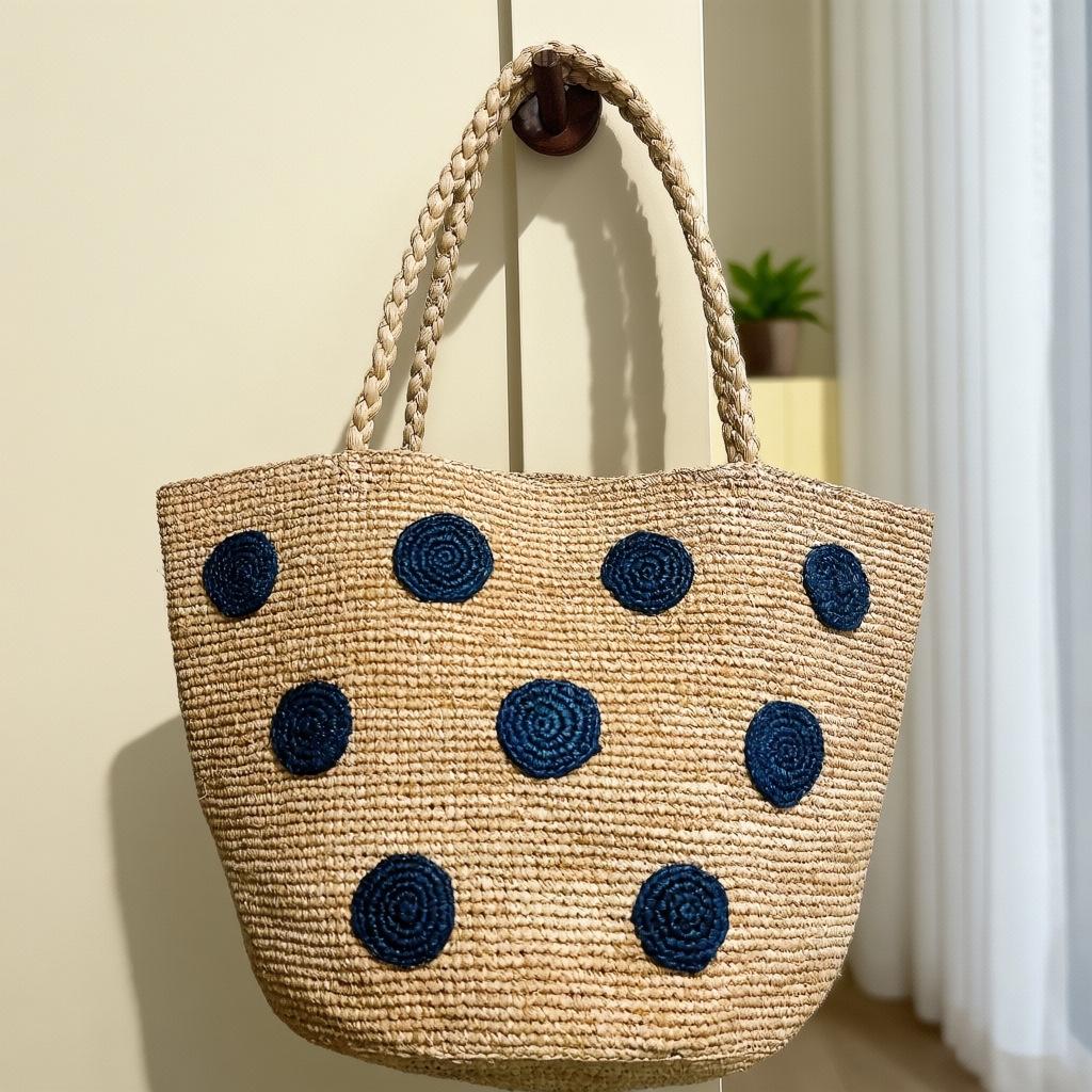 High Quality Raffia Hand Hook Holiday Style Handbag Women's Seaside Tote Bag Large Capacity Polka Dot Woven Shoulder Bag