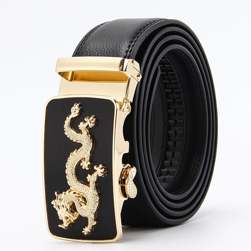 Zweischichtiger Rindsleder Automatikgürtel Herrengürtel Drache Leopard Koreanisch Business Rindsledergürtel 110-130CM black