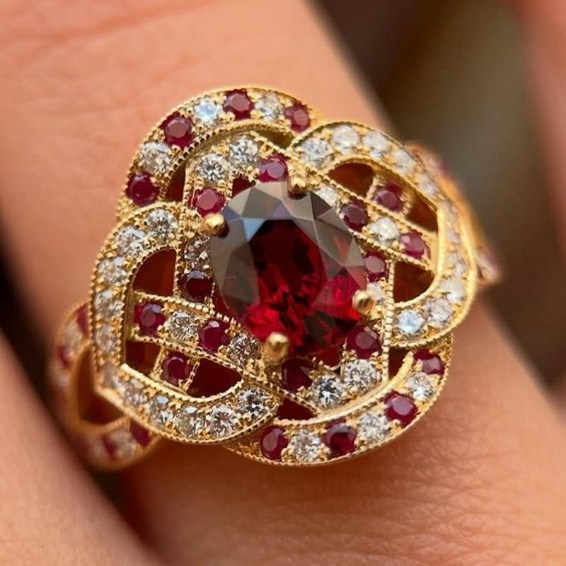 

European and American new fashion classic red gemstone inlaid retro personalized women s ring 7&Gold-color красный