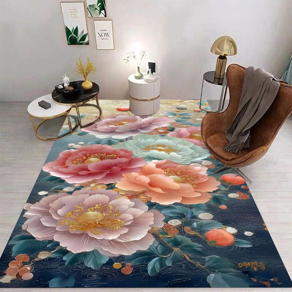 Floral Art Carpet Various Styles With Peony Rose Golden Leaf Tassel Designs Non Slip Rug For Living Room Decor