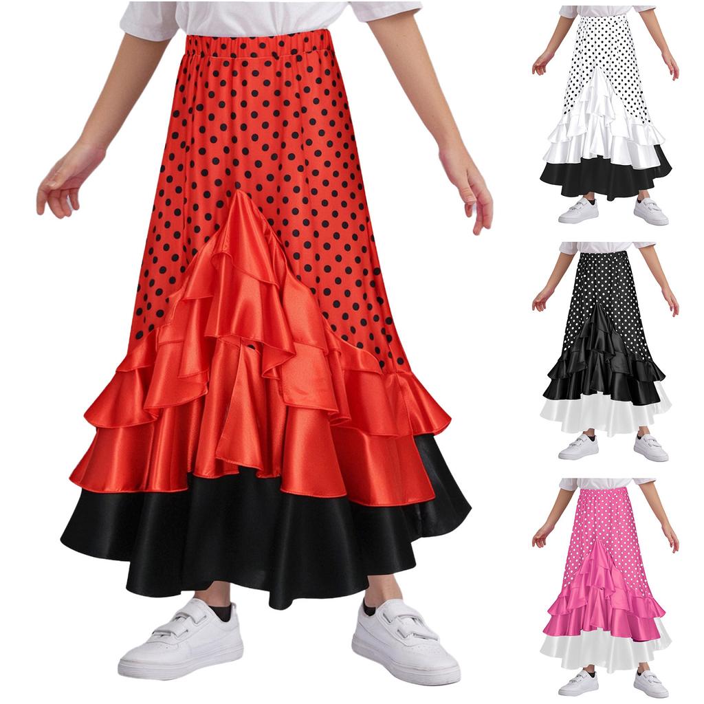 Dětská dívčí španělská flamenco puntíkovaná volánková sukně s elastickým pasem, vrstvená dlouhá volánková sukně pro taneční vystoupení, soutěž, Halloween