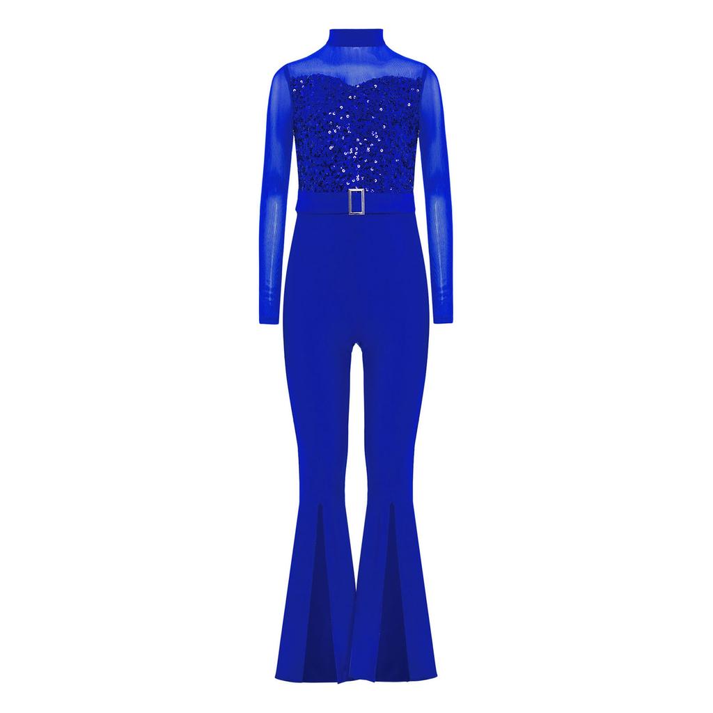 Girls Jazz Dance Costume Mock Neck Long Sleeve Cutout Back Sheer Mesh Sequins Bell Bottom Jumpsuit