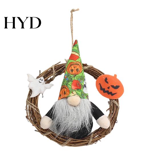 Hanging Door Decoration Halloween Gnome Wreath, Faceless Rattan Rustic Wreath with Pumpkin Ghost for Front Wall Holiday Party Decor
