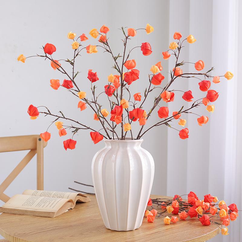 6pcs Artificial Flower Cape Gooseberry Stems Bundle Faux Orange Branches for Home Decor Vase Not Included