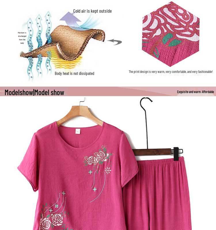 Senior Women's Cotton Linen Pajama Set: Short-Sleeved, Two-Piece Summer Outfit for Moms and Grandmas