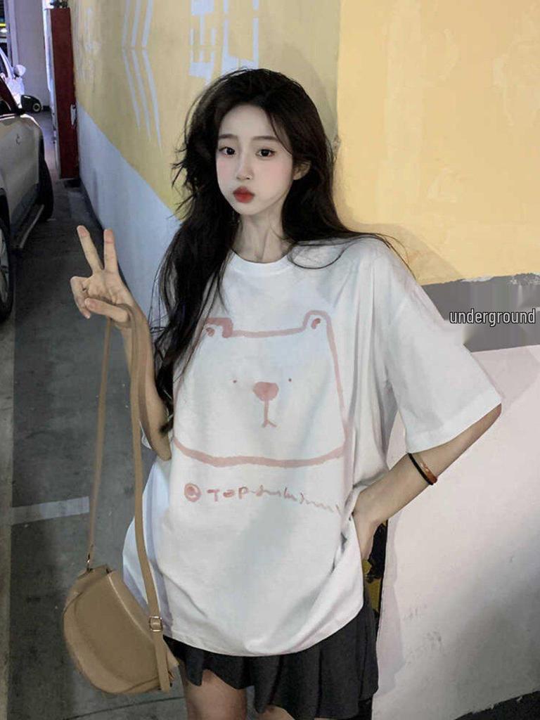 Plus Size Bear Print Mid-length Pure Cotton Short Sleeve T-shirt for Women