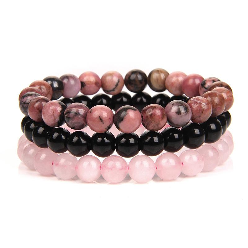 3Pcs Natural Stone Bracelet 8mm Rhodonite Rose Pink Quartzs Amethysts Hematite Bracelets For Women Men Zircon
