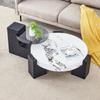 Modern Round Side Table, Two Levels, Grey Glass Plate, Black MDF, L-shape. White Marble-look Tabletop. Disassemblable Design, Flexible Space Use.