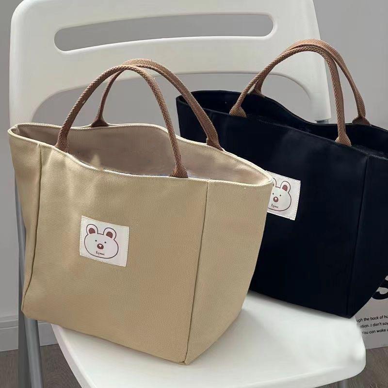 Women'S Japanese Canvas Handheld Cartoon Bear Patch Pattern Zipper Closure Large Capacity Simple Full Set Lunch Bag