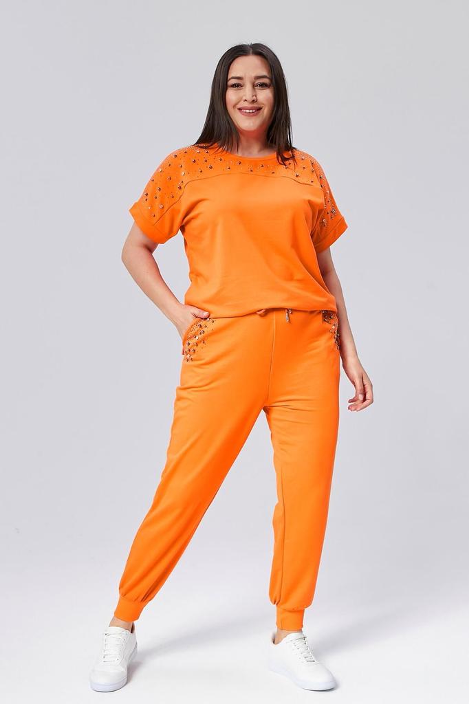 Set de trening de marime mari la moda pentru dama Set de trening de vara verde cu maneca scurta, detaliat cu piatra si margele