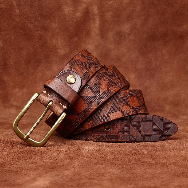 Belt Men's Diamond Laser Engraving Embossed First Layer Cowhide Leather Personality Trend Niche Casual Pin Buckle Belt