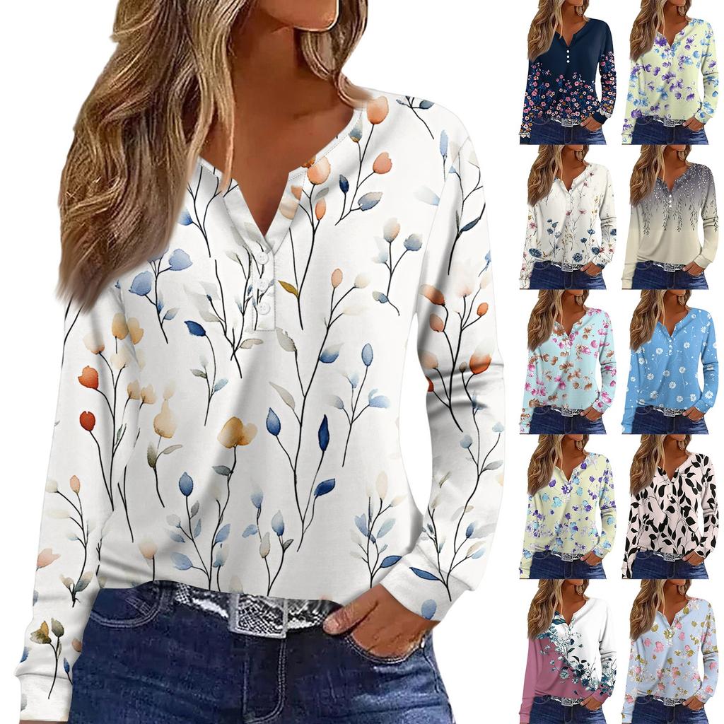 Dámské tričko Tričko Knoflíček Dlouhý rukáv Denní víkendová móda Basic Top s výstřihem do V