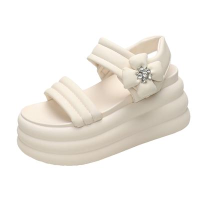 Mode 8cm Hohe Plateau-Sandalen Damen Blume Keilabsatz High Heels Lederschuhe Frau Sommer Klobige Sandalen Badeschuhe Zapatos Mujer