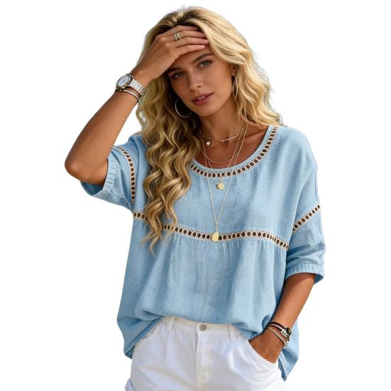 

Women Tops Round Neck Half Sleeve Loose Fit Tee Shirt Pure Color Hollow Design Soft Stretchy Blouse Daily XXL небесно-голубой