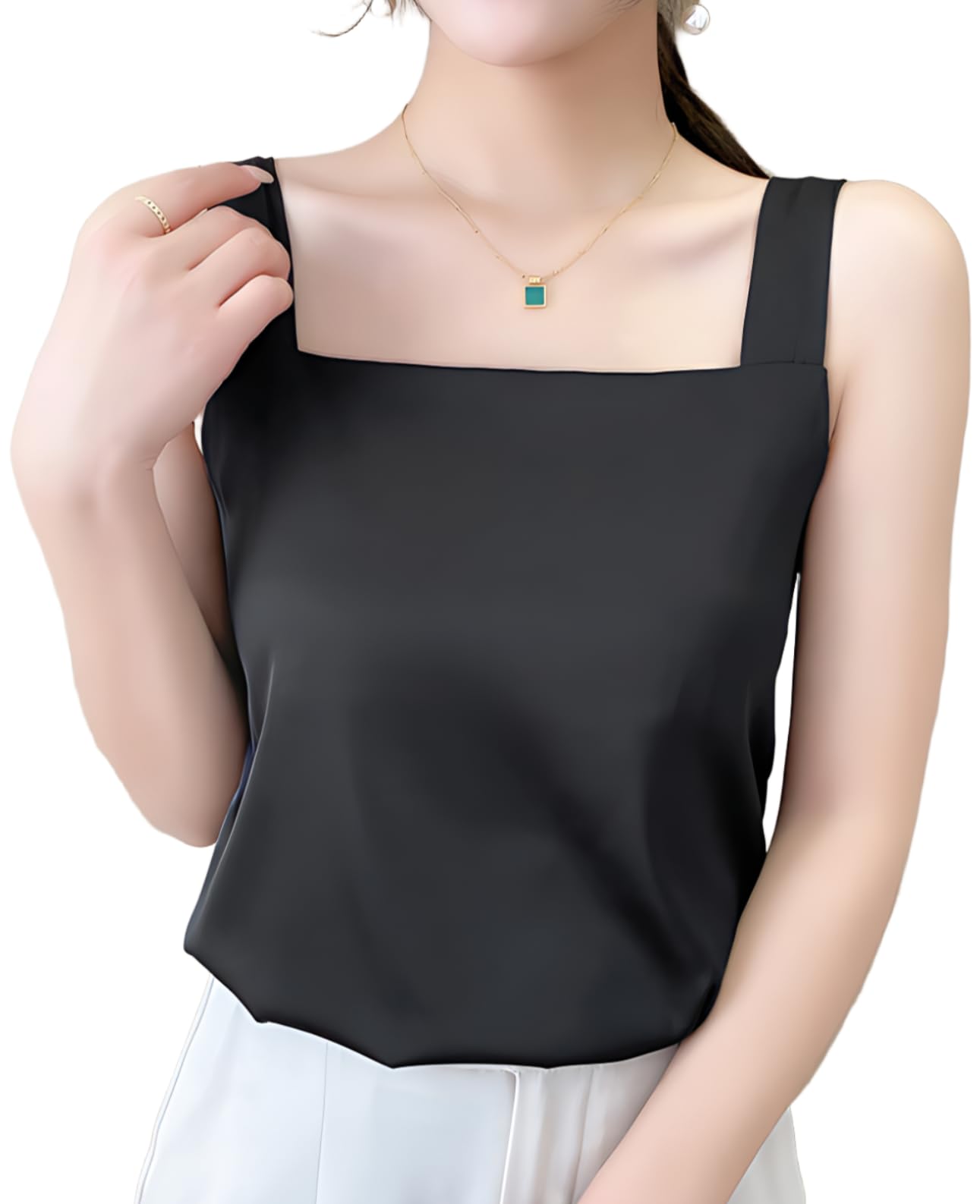 

Satin Square Hidden Tank Layering Top [CALM.st] Women s Camisole, Neck, Straps, Top, (JP, Alphabet, L, Black) чёрный