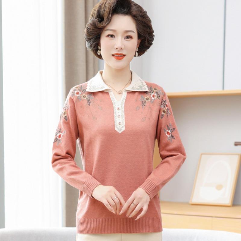 Mom Lapel Knitted Sweater Medium and Old Spring Long-sleeved Sweater Bottoming Shirt Middle-aged Women's New Thin Sweater