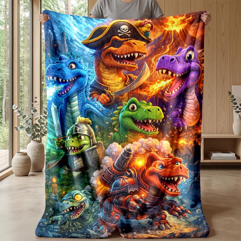 Dinosaur Fantasy Warriors Blanket Personalized Name Flannel Blanket Soft Cozy Plush Throw for Sofa Bed Lightweight Home Decor