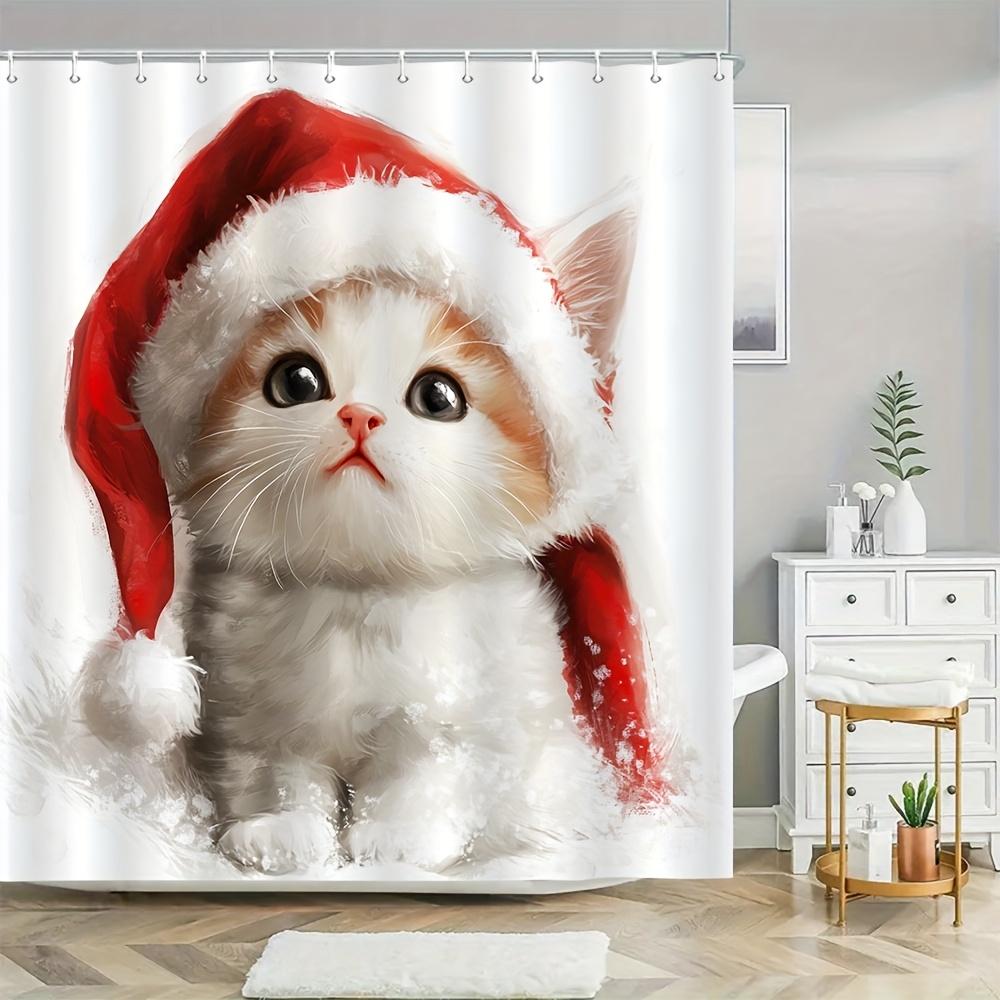 1pcs, Cat Animal White Funny Cute Merry Christmas Simple Polyester Shower Curtain Set with Hooks for Modern Bathroom Daily Use